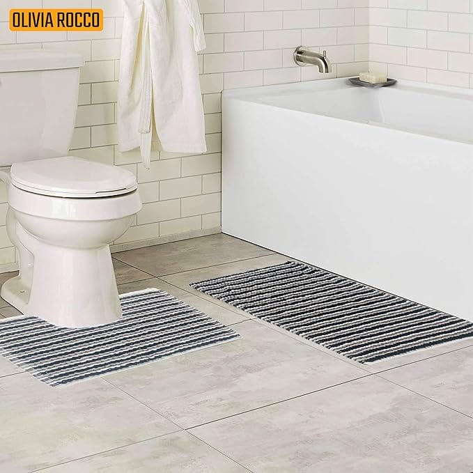 2 Piece Amalfi Super Soft Absorbent Bath Mat Set Jumbo Plush Cotton Pedestal Bath Rug with Modern Design for Bathroom OLIVIA ROCCO OLIVIA ROCCO Bath Mat