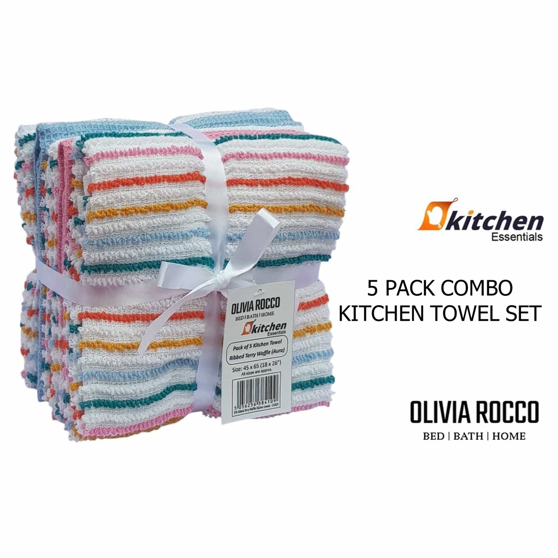 5 Pack Super Absorbent Cotton Kitchen Tea Towels Striped Quick Drying Reusable Ribbed Waffle 45cm x 65cm by OLIVIA ROCCO OLIVIA ROCCO Tea Towel