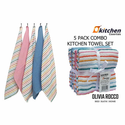 5 Pack Super Absorbent Cotton Kitchen Tea Towels Striped Quick Drying Reusable Ribbed Waffle 45cm x 65cm by OLIVIA ROCCO OLIVIA ROCCO Tea Towel