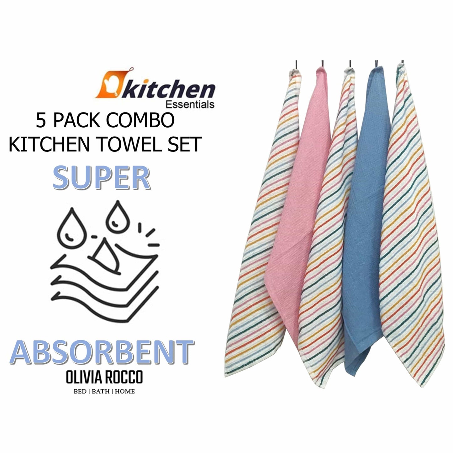 5 Pack Super Absorbent Cotton Kitchen Tea Towels Striped Quick Drying Reusable Ribbed Waffle 45cm x 65cm by OLIVIA ROCCO OLIVIA ROCCO Tea Towel