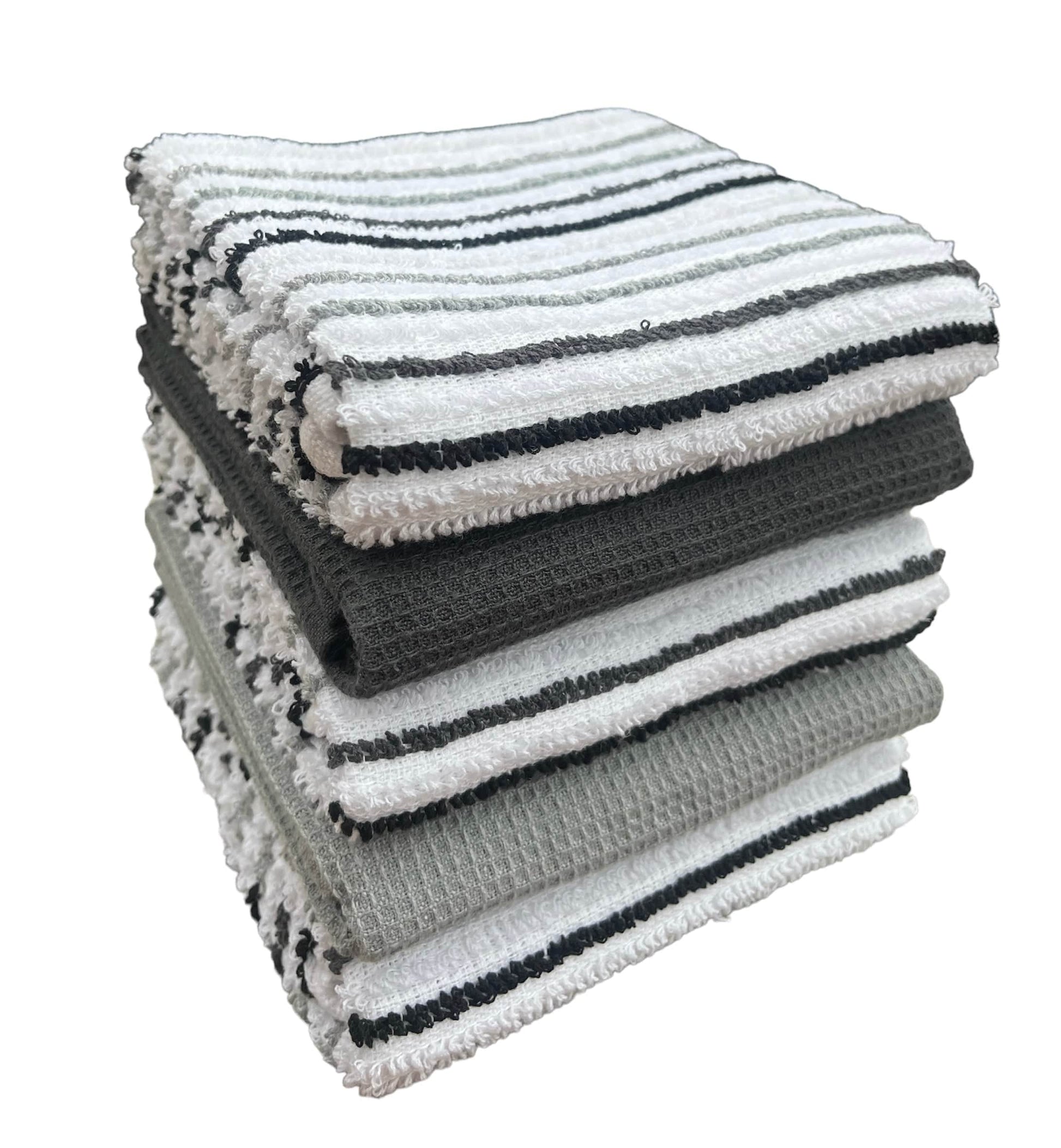 5 Pack Super Absorbent Cotton Kitchen Tea Towels Striped Quick Drying Reusable Ribbed Waffle 45cm x 65cm by OLIVIA ROCCO SILVER OLIVIA ROCCO Tea Towel