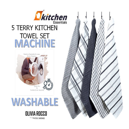 5 Pack Terry Kitchen Tea Towels Cotton Super Absorbent Quick Drying OLIVIA ROCCO Kitchen Tea Towels