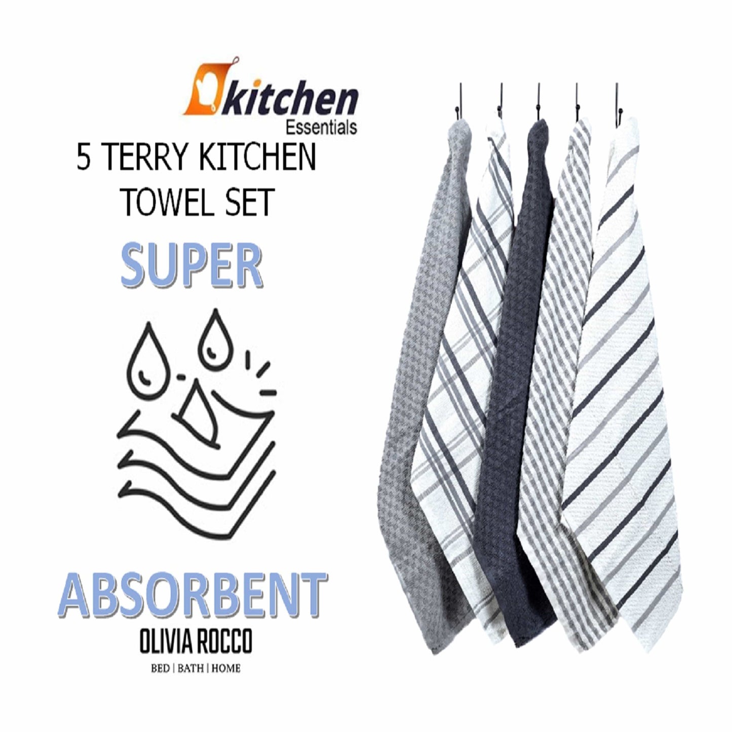 5 Pack Terry Kitchen Tea Towels Cotton Super Absorbent Quick Drying OLIVIA ROCCO Kitchen Tea Towels