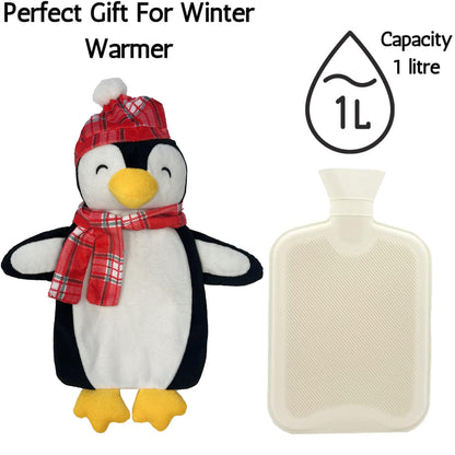 Christmas Hot Water Bottle with Festive Penguin Cover 1L Natural Rubber UK Safe Tested Winter Gift for Kids & Adults by OLIVIA ROCCO 1 LITRE / PENGUIN OLIVIA ROCCO Hot Water Bottle