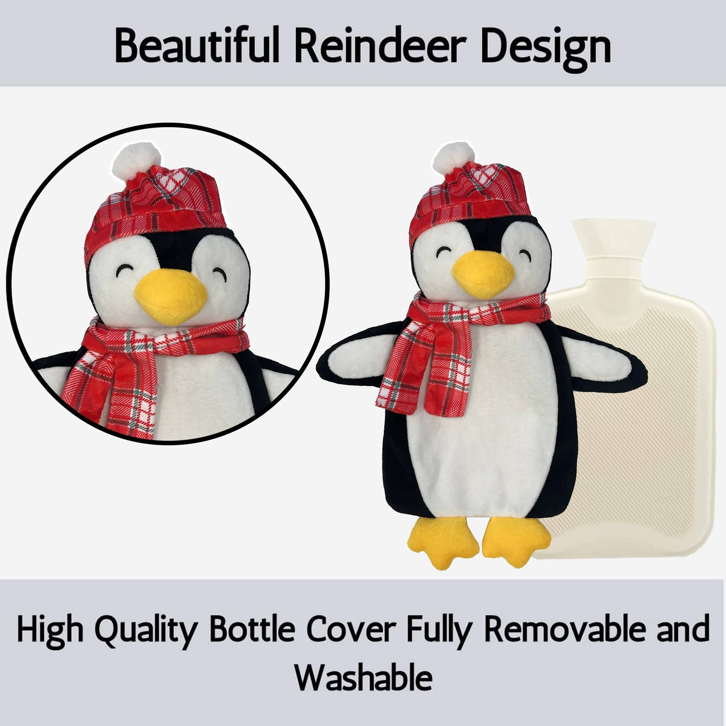 Christmas Hot Water Bottle with Festive Penguin Cover 1L Natural Rubber UK Safe Tested Winter Gift for Kids & Adults by OLIVIA ROCCO 1 LITRE / PENGUIN OLIVIA ROCCO Hot Water Bottle