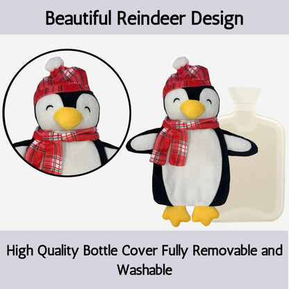 Christmas Hot Water Bottle with Festive Penguin Cover 1L Natural Rubber UK Safe Tested Winter Gift for Kids & Adults by OLIVIA ROCCO 1 LITRE / PENGUIN OLIVIA ROCCO Hot Water Bottle