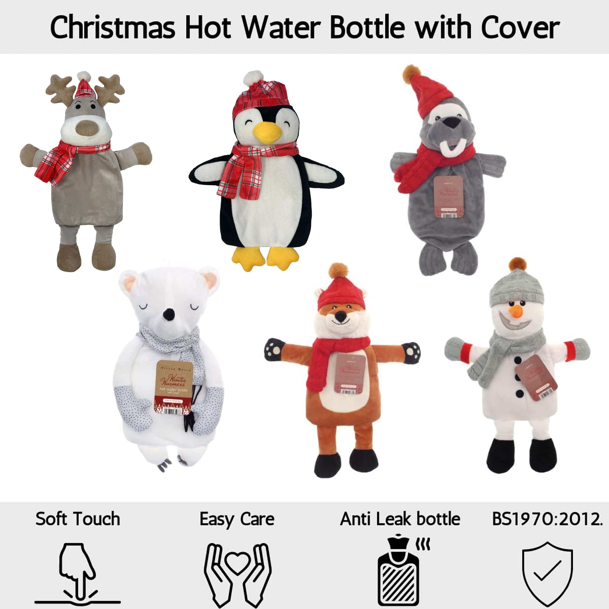 Christmas Hot Water Bottle with Festive Penguin Cover 1L Natural Rubber UK Safe Tested Winter Gift for Kids & Adults by OLIVIA ROCCO 1 LITRE / PENGUIN OLIVIA ROCCO Hot Water Bottle