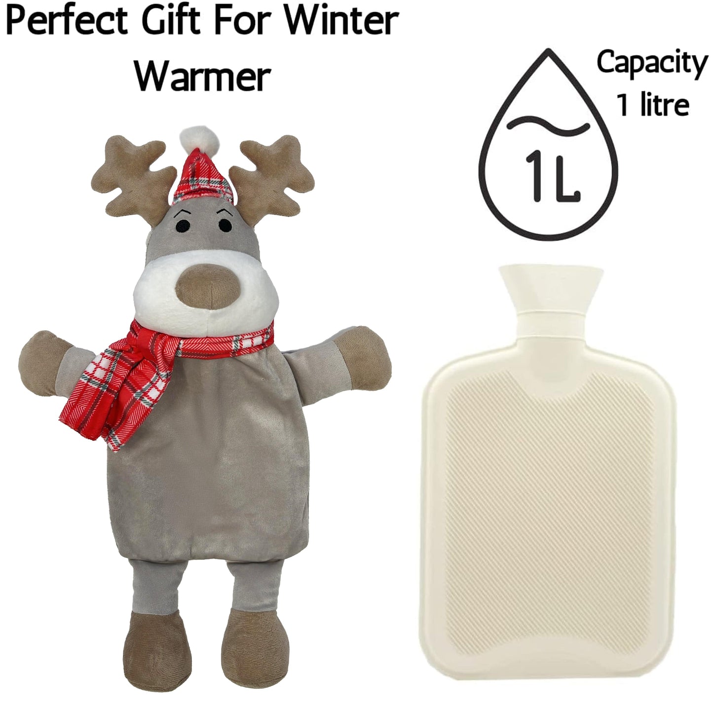 Christmas Hot Water Bottle with Festive Reindeer Cover 1L Natural Rubber UK Safe Tested Winter Gift for Kids & Adults by OLIVIA ROCCO 1 LITRE / REINDEER OLIVIA ROCCO Hot Water Bottle