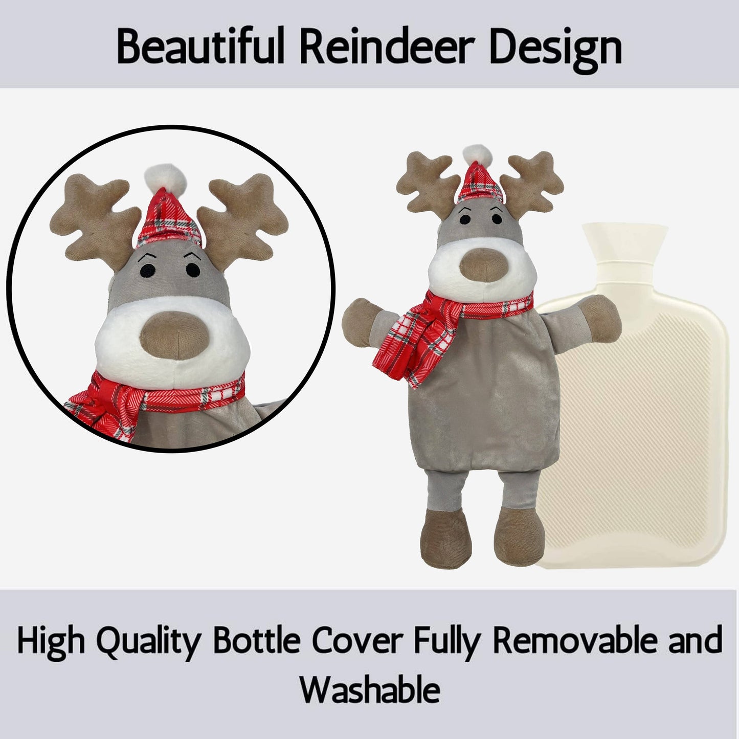 Christmas Hot Water Bottle with Festive Reindeer Cover 1L Natural Rubber UK Safe Tested Winter Gift for Kids & Adults by OLIVIA ROCCO 1 LITRE / REINDEER OLIVIA ROCCO Hot Water Bottle