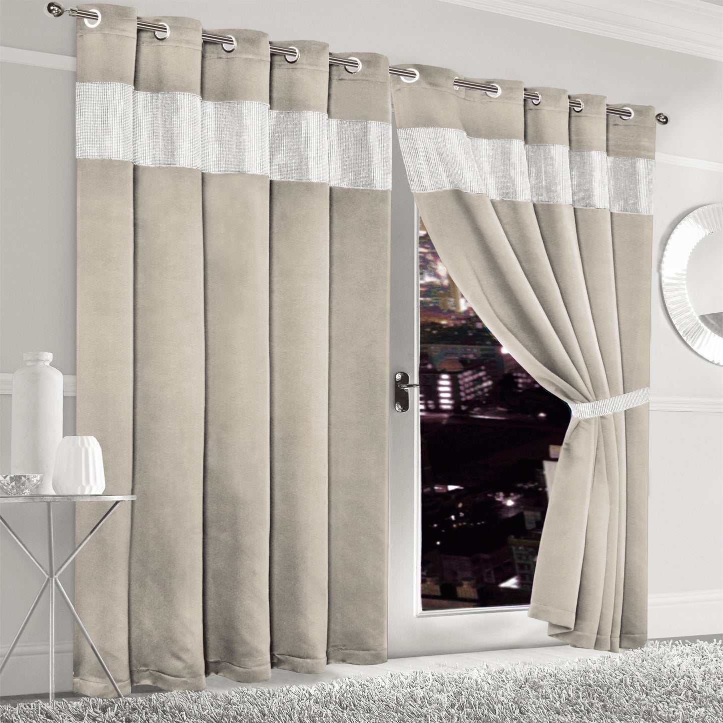 Diamante Natural Blackout Eyelet Curtains with Tie Backs Thermal Ring Top Window Dressings by OLIVIA ROCCO OLIVIA ROCCO Curtain