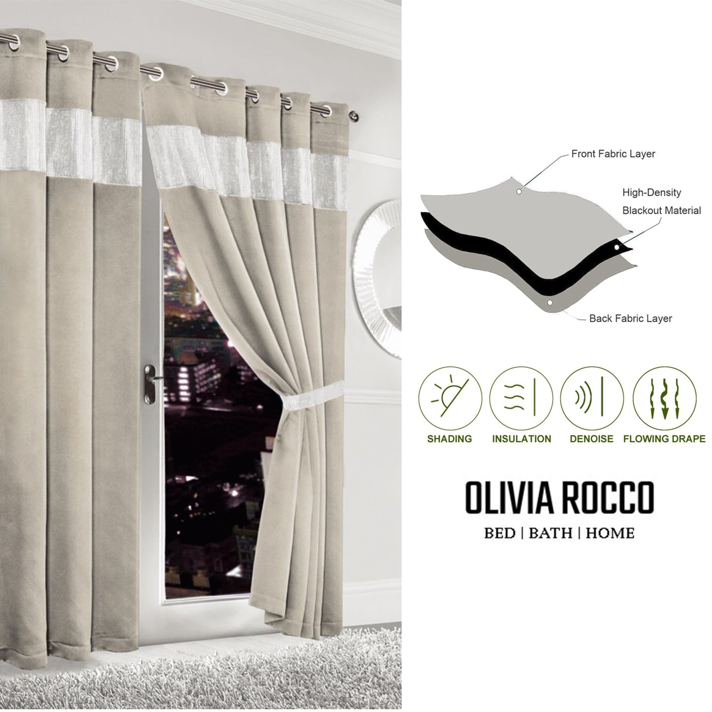 Diamante Natural Blackout Eyelet Curtains with Tie Backs Thermal Ring Top Window Dressings by OLIVIA ROCCO OLIVIA ROCCO Curtain