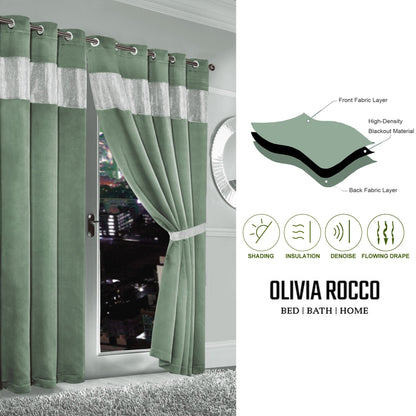 Diamante Sage Green Blackout Eyelet Curtains with Tie Backs Blackout Thermal Ring Top Window Dressings by OLIVIA ROCCO OLIVIA ROCCO Curtain