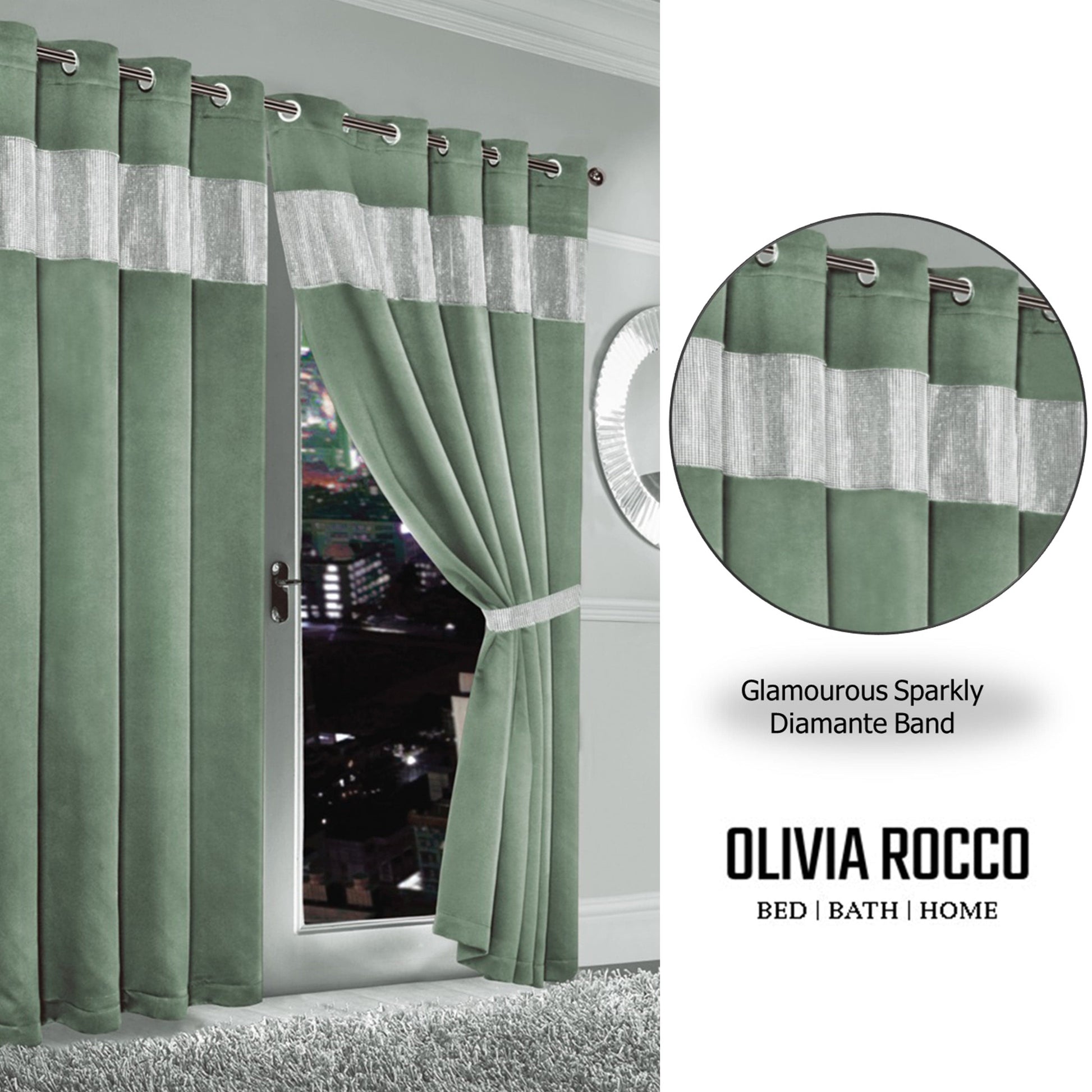 Diamante Sage Green Blackout Eyelet Curtains with Tie Backs Blackout Thermal Ring Top Window Dressings by OLIVIA ROCCO OLIVIA ROCCO Curtain