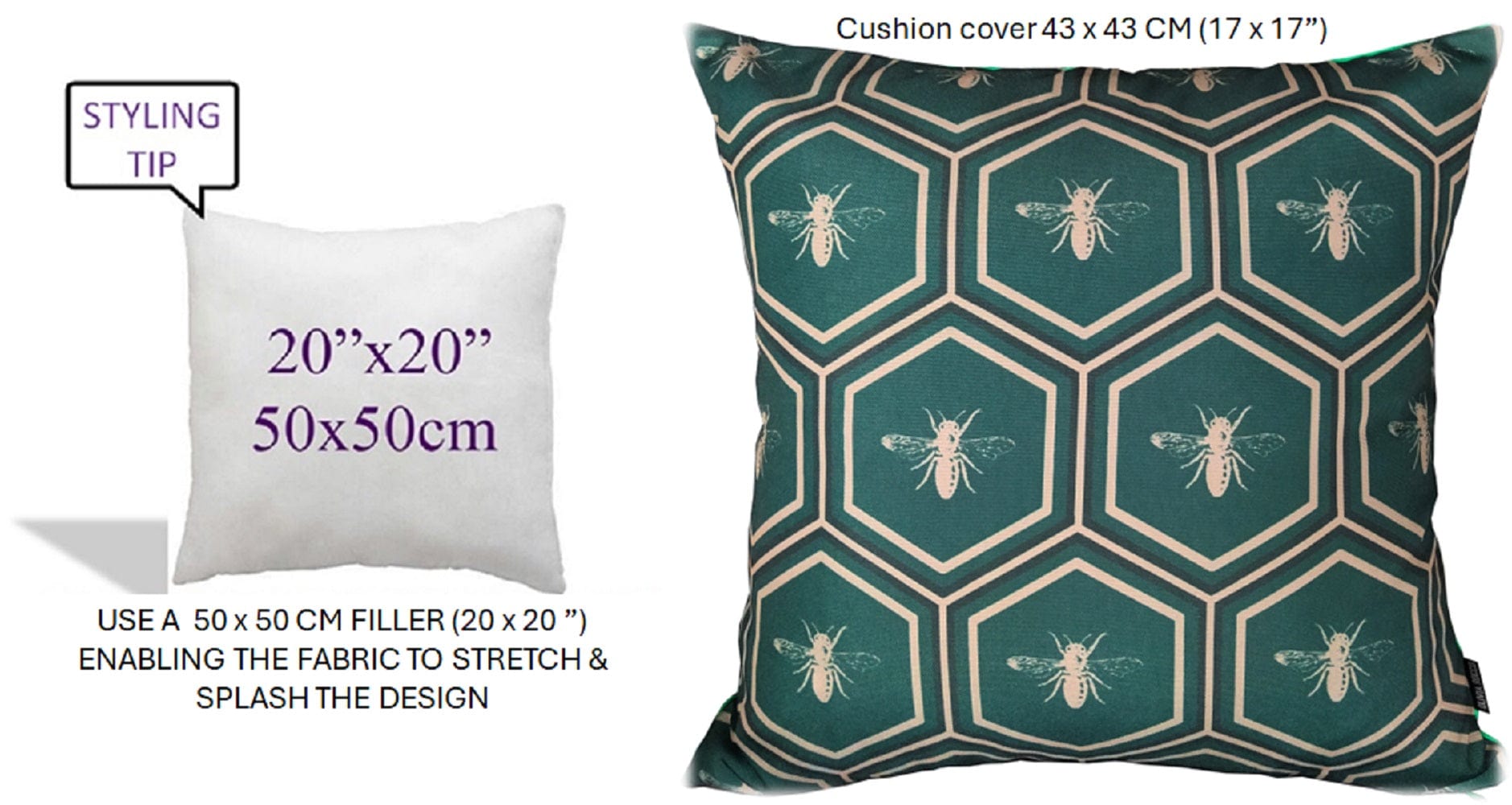 Waterproof Cushions Outdoor Indoor Hollowfibre Filled 43 x 43 cm / BEES EMERALD OLIVIA ROCCO Cushions