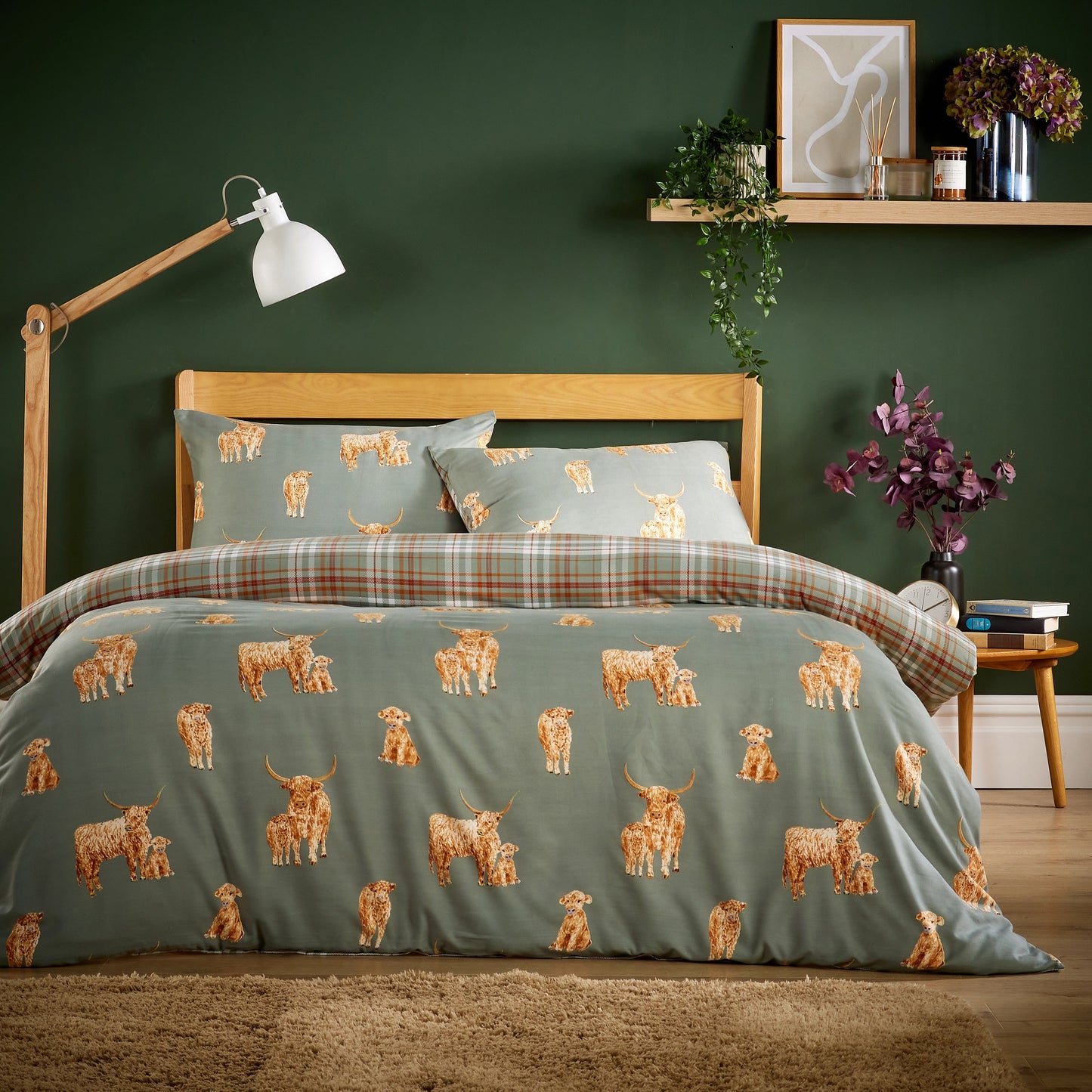 Flannel Duvet Cover Quilt Duvet Cover Bed Set Quilt Bedding Covers with Pillowcases SINGLE / Highland Cow Sage Green OLIVIA ROCCO Duvet Cover