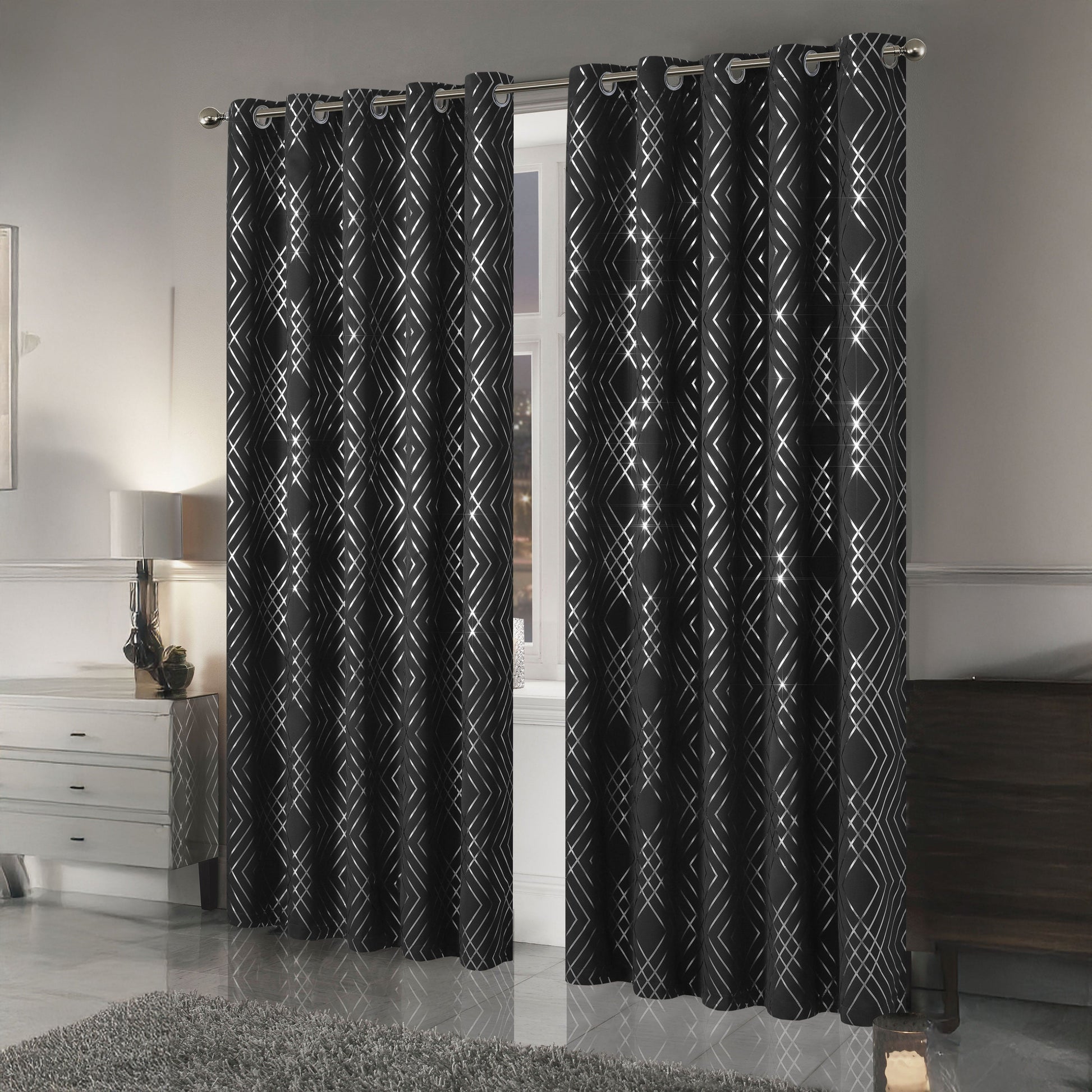 Geometric Black Sparkle Blackout Curtains Soft Thermal Insulated Eyelet Ring Top Living Room & Bedroom Drapes by OLIVIA ROCCO OLIVIA ROCCO Curtain