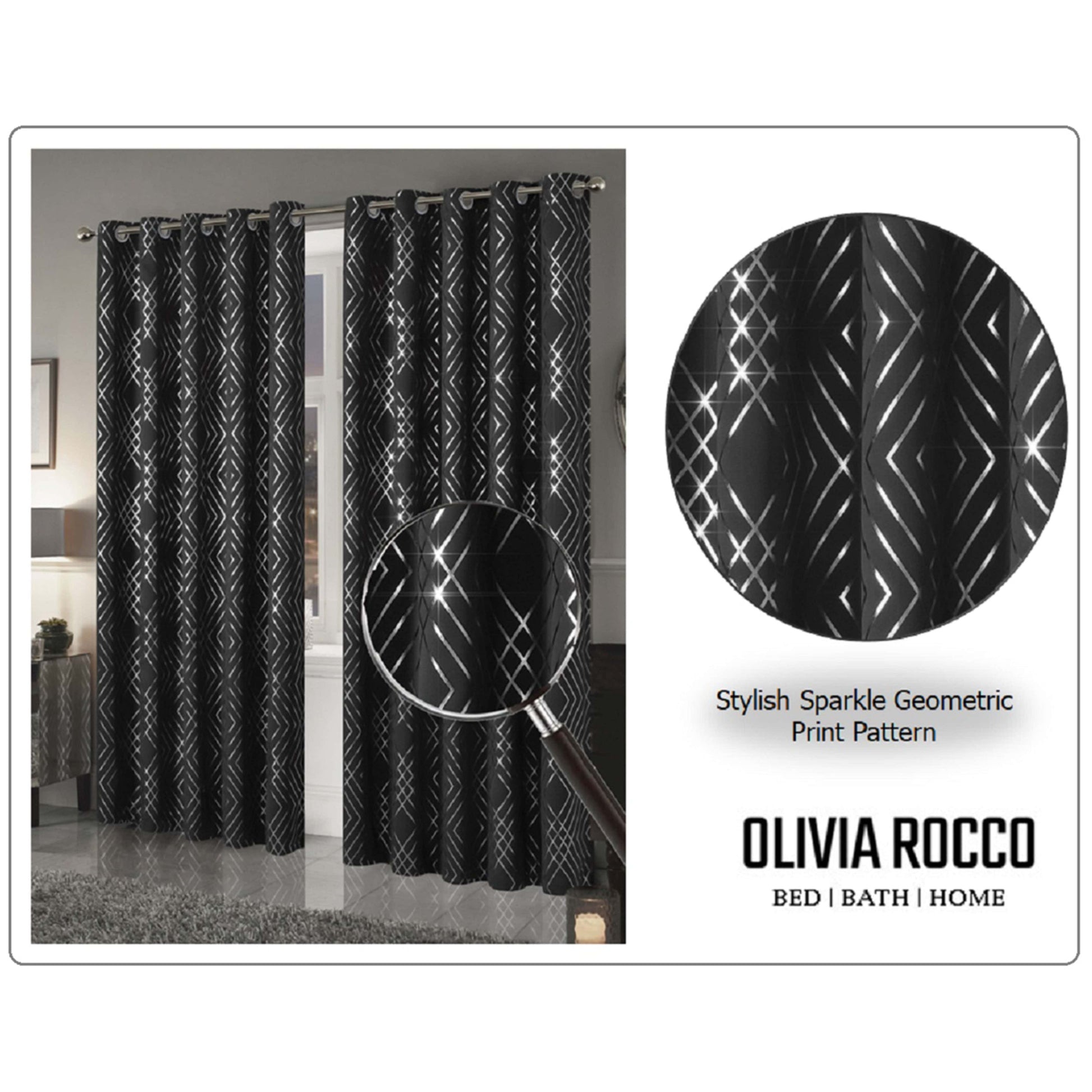 Geometric Black Sparkle Blackout Curtains Soft Thermal Insulated Eyelet Ring Top Living Room & Bedroom Drapes by OLIVIA ROCCO OLIVIA ROCCO Curtain