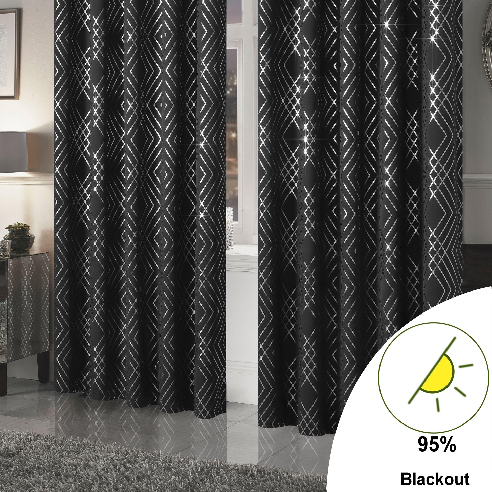 Geometric Black Sparkle Blackout Curtains Soft Thermal Insulated Eyelet Ring Top Living Room & Bedroom Drapes by OLIVIA ROCCO OLIVIA ROCCO Curtain