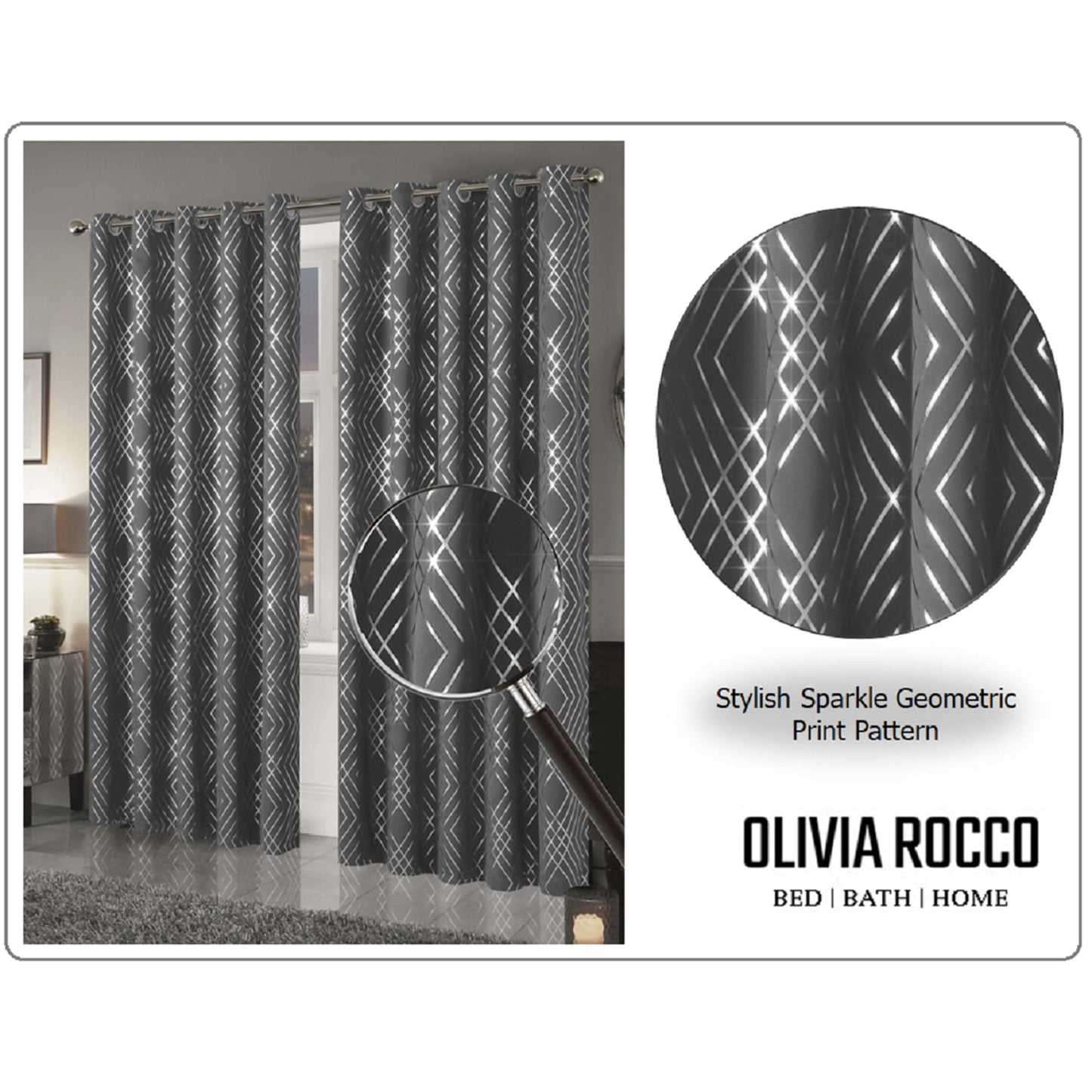 Geometric Silver Sparkle Blackout Curtains Soft Thermal Insulated Eyelet Ring Top Living Room & Bedroom Drapes by OLIVIA ROCCO OLIVIA ROCCO Curtain