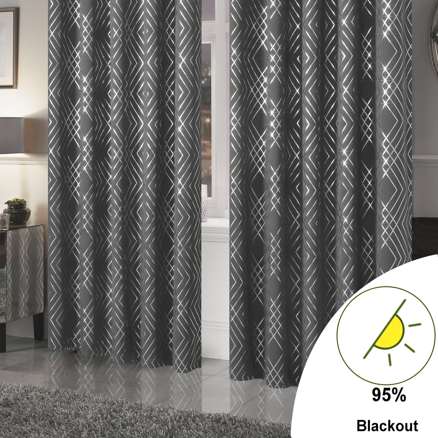 Geometric Silver Sparkle Blackout Curtains Soft Thermal Insulated Eyelet Ring Top Living Room & Bedroom Drapes by OLIVIA ROCCO OLIVIA ROCCO Curtain