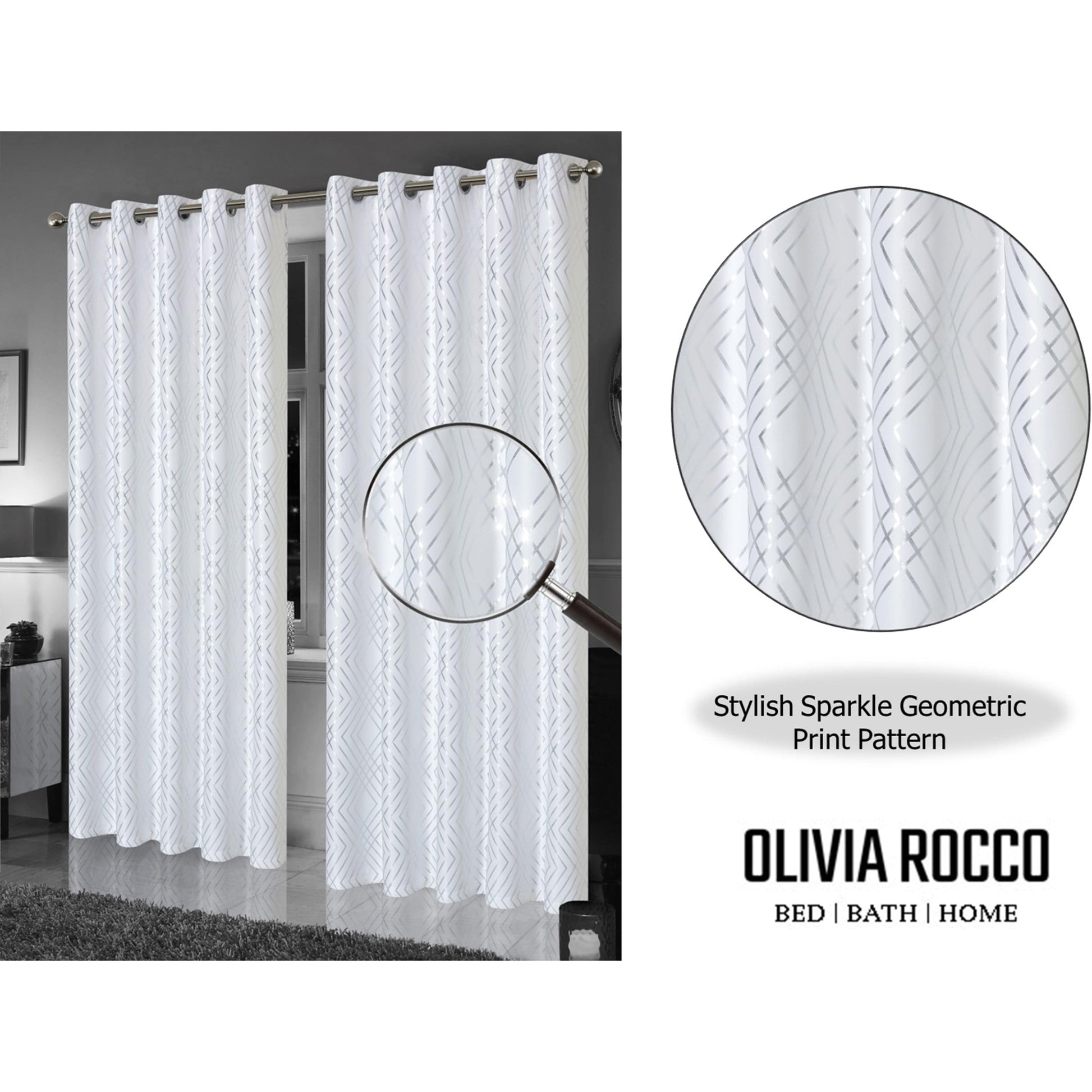 Geometric White Sparkle Blackout Curtains Soft Thermal Insulated Eyelet Ring Top Living Room & Bedroom Drapes by OLIVIA ROCCO OLIVIA ROCCO Curtain