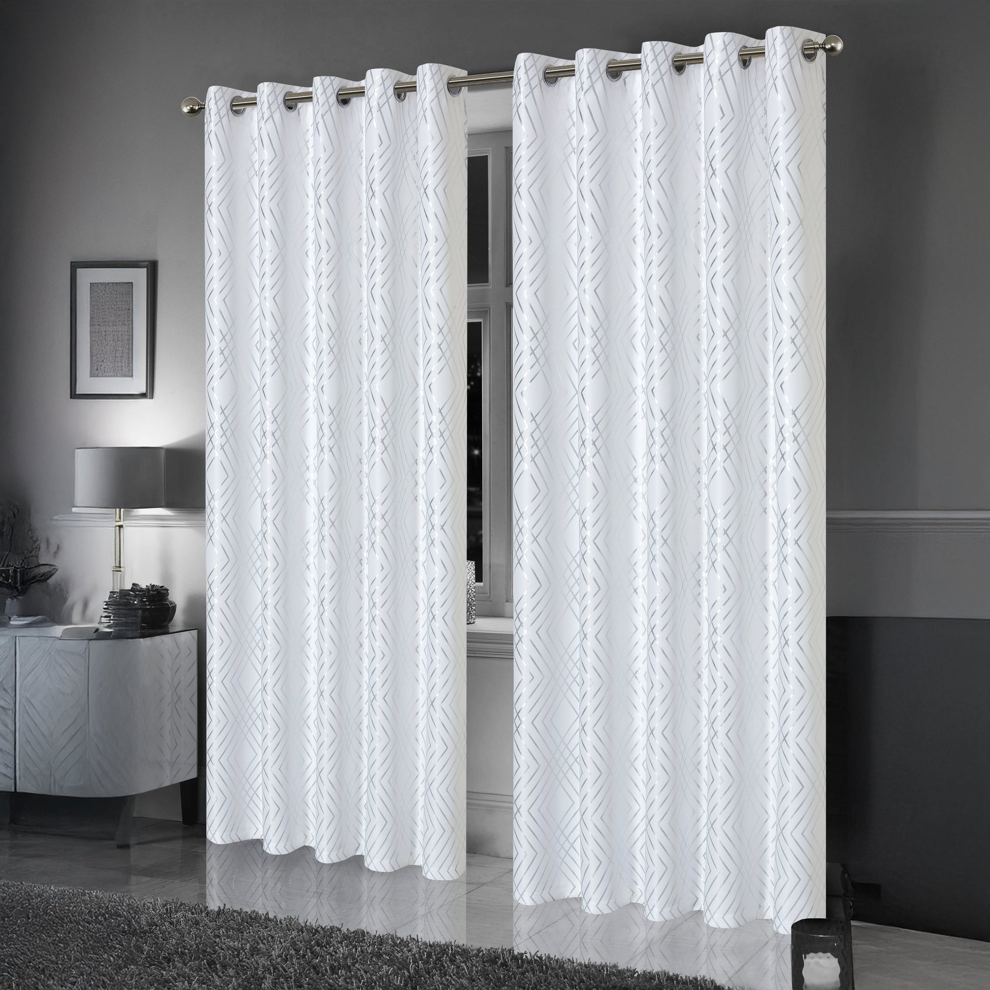 Geometric White Sparkle Blackout Curtains Soft Thermal Insulated Eyelet Ring Top Living Room & Bedroom Drapes by OLIVIA ROCCO OLIVIA ROCCO Curtain