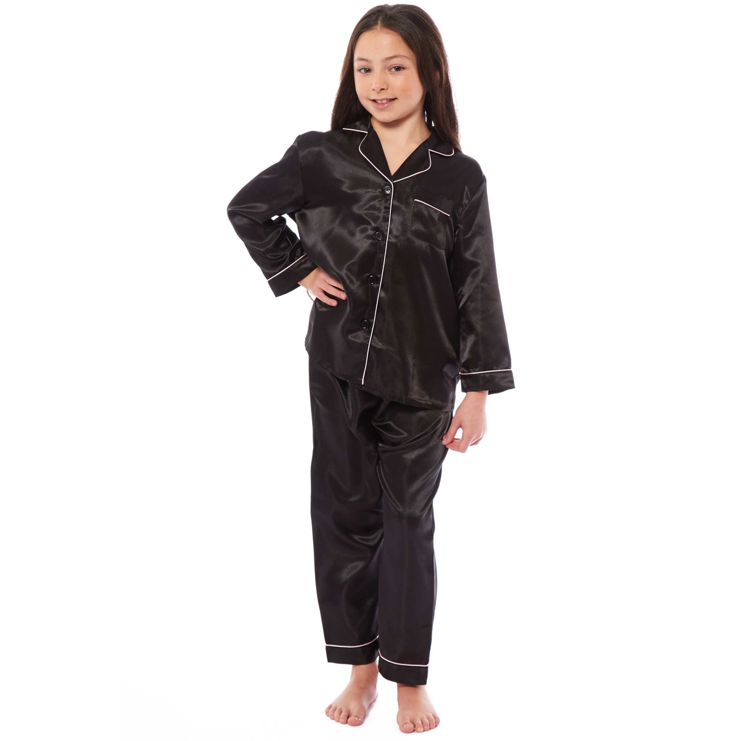 Luxurious Girls Satin Silk Long Sleeve Pyjama Set for Kids by Daisy Dreamer Elegant Loungewear and Cosy Nightwear PJs in Black Pink Grey Classic Button-Down Design Comfortable Fit Breathable Fabric Sizes 5-6 YRS to 13-14 YRS Perfect Sleepwear for Children 5-6 YRS / BLACK Daisy Dreamer Pyjamas