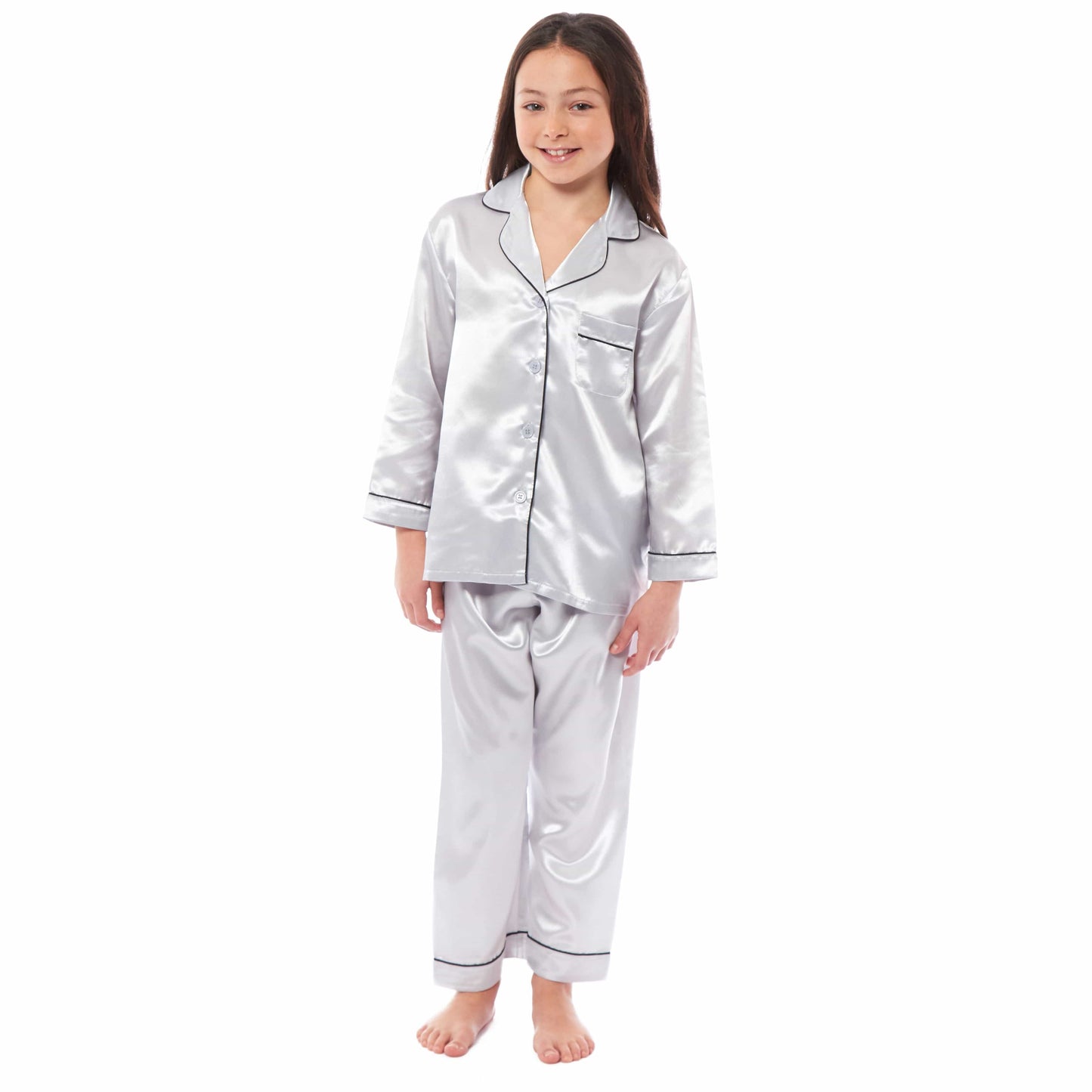 Luxurious Girls Satin Silk Long Sleeve Pyjama Set for Kids by Daisy Dreamer Elegant Loungewear and Cosy Nightwear PJs in Black Pink Grey Classic Button-Down Design Comfortable Fit Breathable Fabric Sizes 5-6 YRS to 13-14 YRS Perfect Sleepwear for Children 5-6 YRS / GREY Daisy Dreamer Pyjamas