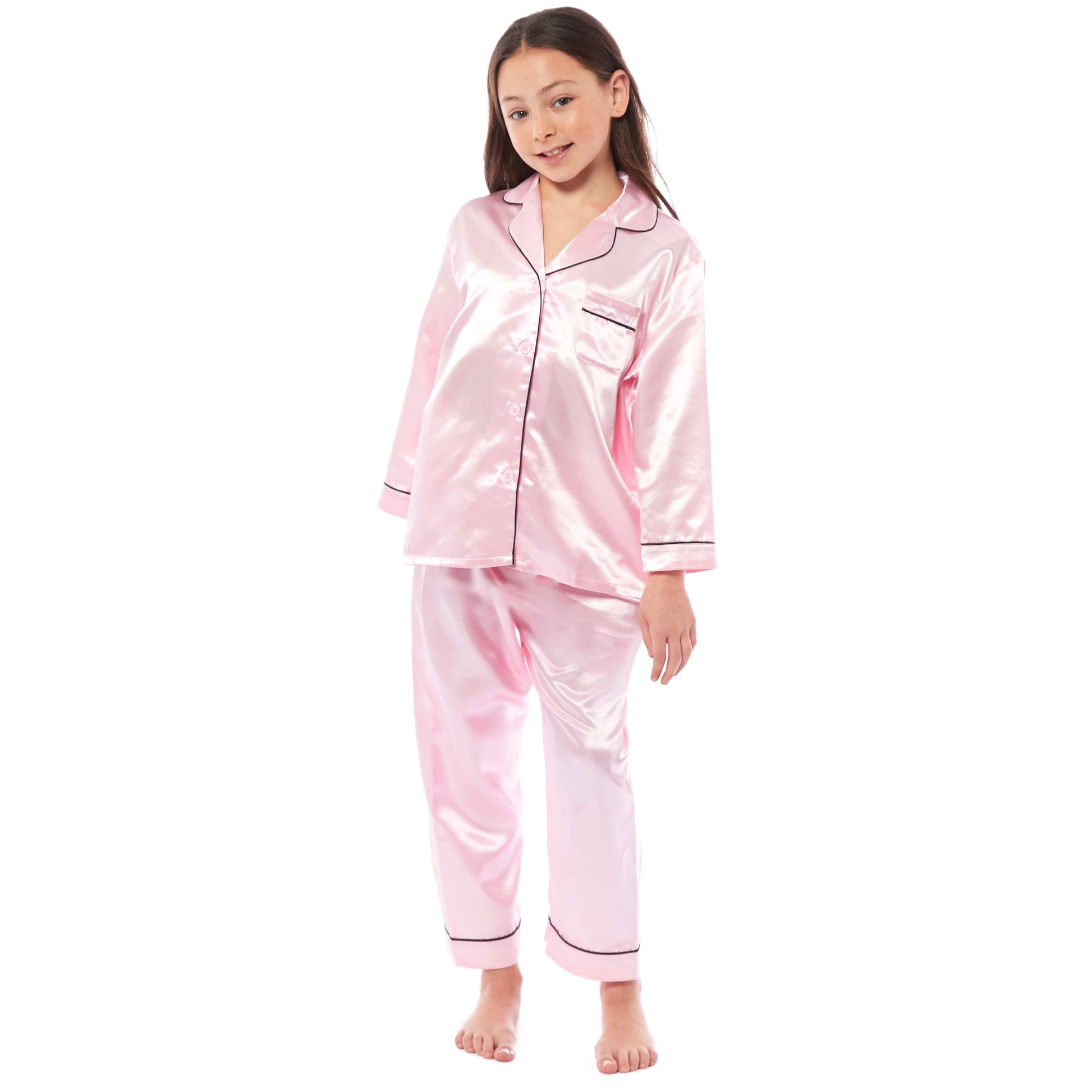 Luxurious Girls Satin Silk Long Sleeve Pyjama Set for Kids by Daisy Dreamer Elegant Loungewear and Cosy Nightwear PJs in Black Pink Grey Classic Button-Down Design Comfortable Fit Breathable Fabric Sizes 5-6 YRS to 13-14 YRS Perfect Sleepwear for Children 5-6 YRS / PINK Daisy Dreamer Pyjamas