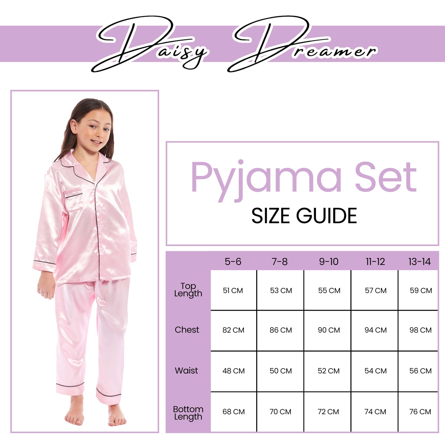 Luxurious Girls Satin Silk Long Sleeve Pyjama Set for Kids by Daisy Dreamer Elegant Loungewear and Cosy Nightwear PJs in Black Pink Grey Classic Button-Down Design Comfortable Fit Breathable Fabric Sizes 5-6 YRS to 13-14 YRS Perfect Sleepwear for Children Daisy Dreamer Pyjamas