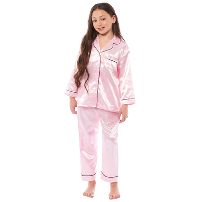 Luxurious Girls Satin Silk Long Sleeve Pyjama Set for Kids by Daisy Dreamer Elegant Loungewear and Cosy Nightwear PJs in Black Pink Grey Classic Button-Down Design Comfortable Fit Breathable Fabric Sizes 5-6 YRS to 13-14 YRS Perfect Sleepwear for Children Daisy Dreamer Pyjamas