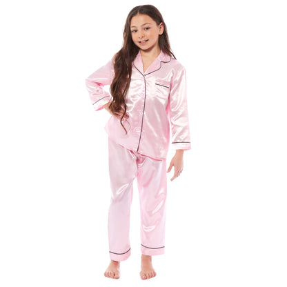 Luxurious Girls Satin Silk Long Sleeve Pyjama Set for Kids by Daisy Dreamer Elegant Loungewear and Cosy Nightwear PJs in Black Pink Grey Classic Button-Down Design Comfortable Fit Breathable Fabric Sizes 5-6 YRS to 13-14 YRS Perfect Sleepwear for Children Daisy Dreamer Pyjamas