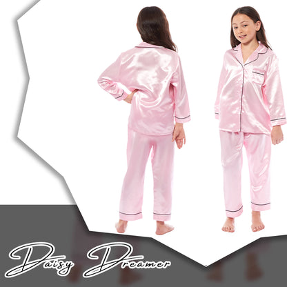 Luxurious Girls Satin Silk Long Sleeve Pyjama Set for Kids by Daisy Dreamer Elegant Loungewear and Cosy Nightwear PJs in Black Pink Grey Classic Button-Down Design Comfortable Fit Breathable Fabric Sizes 5-6 YRS to 13-14 YRS Perfect Sleepwear for Children Daisy Dreamer Pyjamas