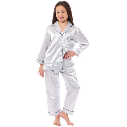 Luxurious Girls Satin Silk Long Sleeve Pyjama Set for Kids by Daisy Dreamer Elegant Loungewear and Cosy Nightwear PJs in Black Pink Grey Classic Button-Down Design Comfortable Fit Breathable Fabric Sizes 5-6 YRS to 13-14 YRS Perfect Sleepwear for Children Daisy Dreamer Pyjamas