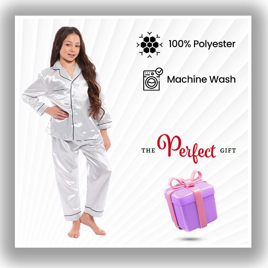 Luxurious Girls Satin Silk Long Sleeve Pyjama Set for Kids by Daisy Dreamer Elegant Loungewear and Cosy Nightwear PJs in Black Pink Grey Classic Button-Down Design Comfortable Fit Breathable Fabric Sizes 5-6 YRS to 13-14 YRS Perfect Sleepwear for Children Daisy Dreamer Pyjamas