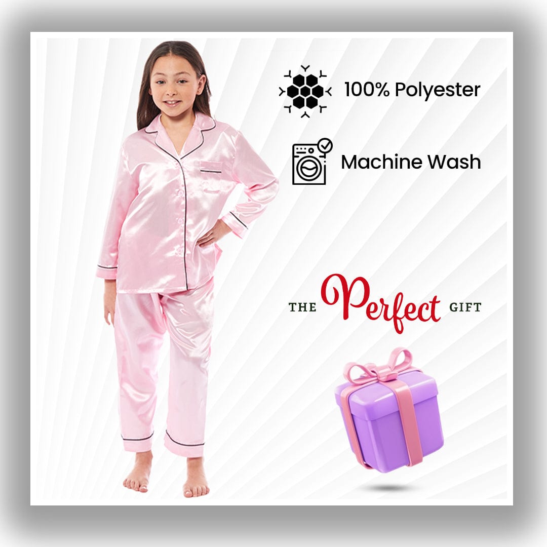 Luxurious Girls Satin Silk Long Sleeve Pyjama Set for Kids by Daisy Dreamer Elegant Loungewear and Cosy Nightwear PJs in Black Pink Grey Classic Button-Down Design Comfortable Fit Breathable Fabric Sizes 5-6 YRS to 13-14 YRS Perfect Sleepwear for Children Daisy Dreamer Pyjamas