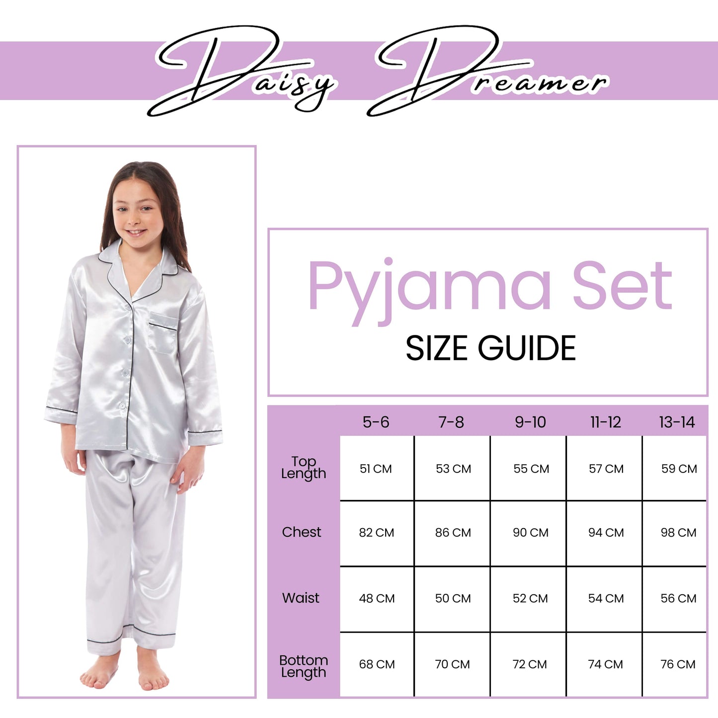 Luxurious Girls Satin Silk Long Sleeve Pyjama Set for Kids by Daisy Dreamer Elegant Loungewear and Cosy Nightwear PJs in Black Pink Grey Classic Button-Down Design Comfortable Fit Breathable Fabric Sizes 5-6 YRS to 13-14 YRS Perfect Sleepwear for Children Daisy Dreamer Pyjamas