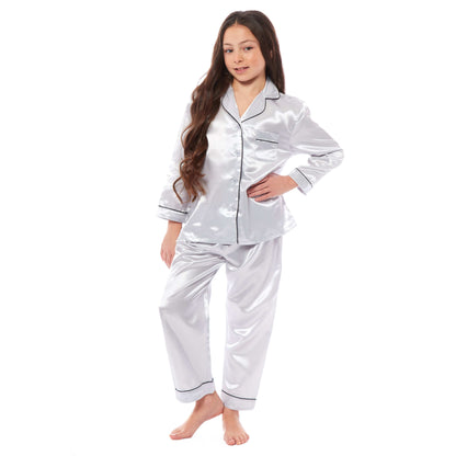 Luxurious Girls Satin Silk Long Sleeve Pyjama Set for Kids by Daisy Dreamer Elegant Loungewear and Cosy Nightwear PJs in Black Pink Grey Classic Button-Down Design Comfortable Fit Breathable Fabric Sizes 5-6 YRS to 13-14 YRS Perfect Sleepwear for Children Daisy Dreamer Pyjamas