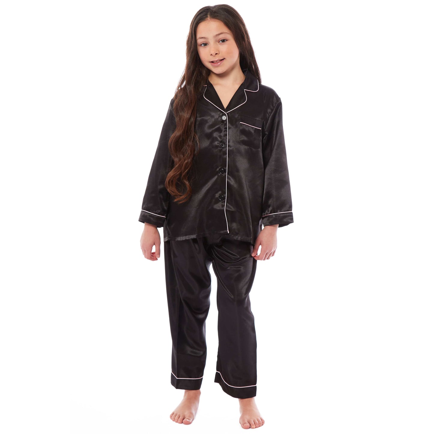 Luxurious Girls Satin Silk Long Sleeve Pyjama Set for Kids by Daisy Dreamer Elegant Loungewear and Cosy Nightwear PJs in Black Pink Grey Classic Button-Down Design Comfortable Fit Breathable Fabric Sizes 5-6 YRS to 13-14 YRS Perfect Sleepwear for Children Daisy Dreamer Pyjamas