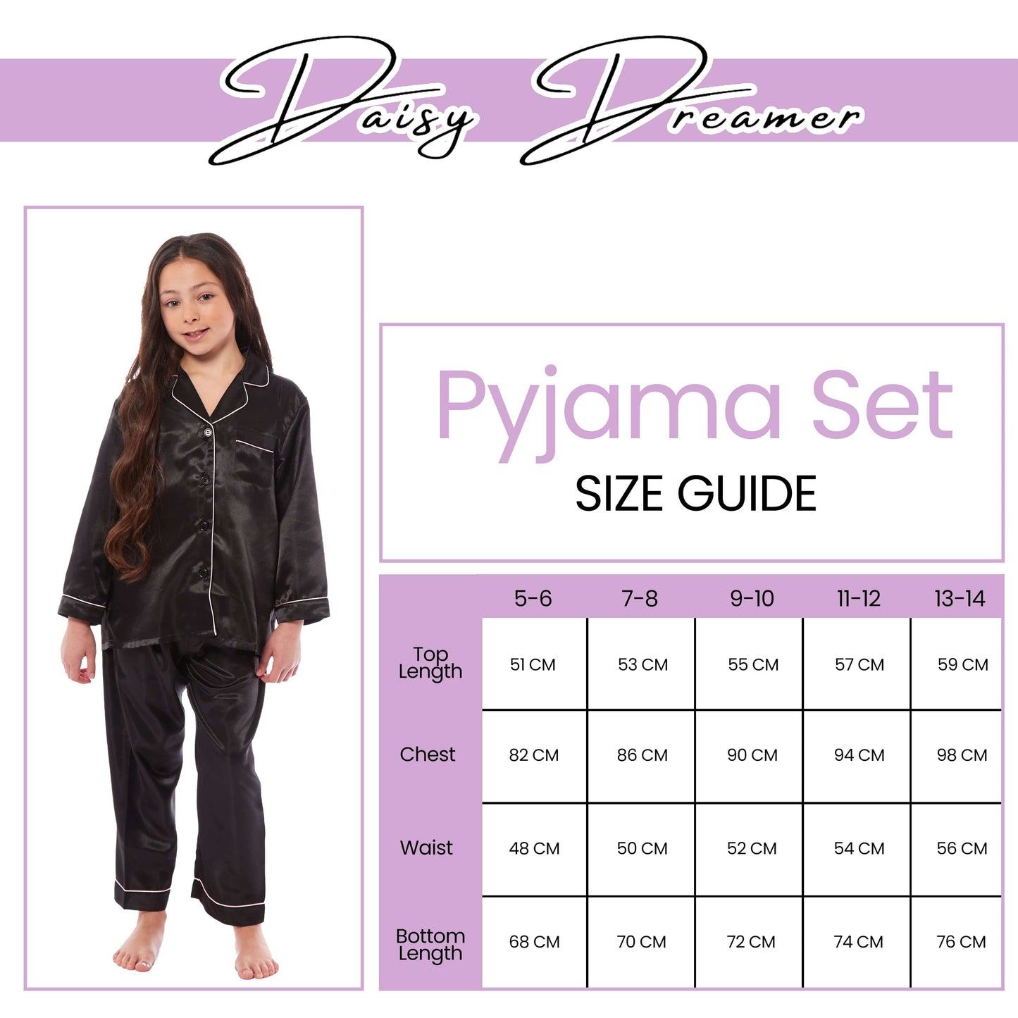 Luxurious Girls Satin Silk Long Sleeve Pyjama Set for Kids by Daisy Dreamer Elegant Loungewear and Cosy Nightwear PJs in Black Pink Grey Classic Button-Down Design Comfortable Fit Breathable Fabric Sizes 5-6 YRS to 13-14 YRS Perfect Sleepwear for Children Daisy Dreamer Pyjamas