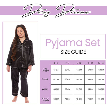 Luxurious Girls Satin Silk Long Sleeve Pyjama Set for Kids by Daisy Dreamer Elegant Loungewear and Cosy Nightwear PJs in Black Pink Grey Classic Button-Down Design Comfortable Fit Breathable Fabric Sizes 5-6 YRS to 13-14 YRS Perfect Sleepwear for Children Daisy Dreamer Pyjamas