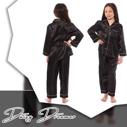 Luxurious Girls Satin Silk Long Sleeve Pyjama Set for Kids by Daisy Dreamer Elegant Loungewear and Cosy Nightwear PJs in Black Pink Grey Classic Button-Down Design Comfortable Fit Breathable Fabric Sizes 5-6 YRS to 13-14 YRS Perfect Sleepwear for Children Daisy Dreamer Pyjamas