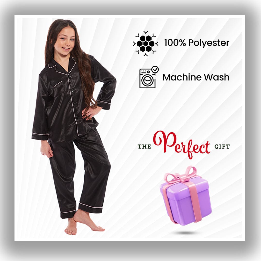 Luxurious Girls Satin Silk Long Sleeve Pyjama Set for Kids by Daisy Dreamer Elegant Loungewear and Cosy Nightwear PJs in Black Pink Grey Classic Button-Down Design Comfortable Fit Breathable Fabric Sizes 5-6 YRS to 13-14 YRS Perfect Sleepwear for Children Daisy Dreamer Pyjamas