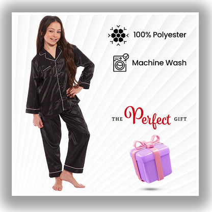 Luxurious Girls Satin Silk Long Sleeve Pyjama Set for Kids by Daisy Dreamer Elegant Loungewear and Cosy Nightwear PJs in Black Pink Grey Classic Button-Down Design Comfortable Fit Breathable Fabric Sizes 5-6 YRS to 13-14 YRS Perfect Sleepwear for Children Daisy Dreamer Pyjamas