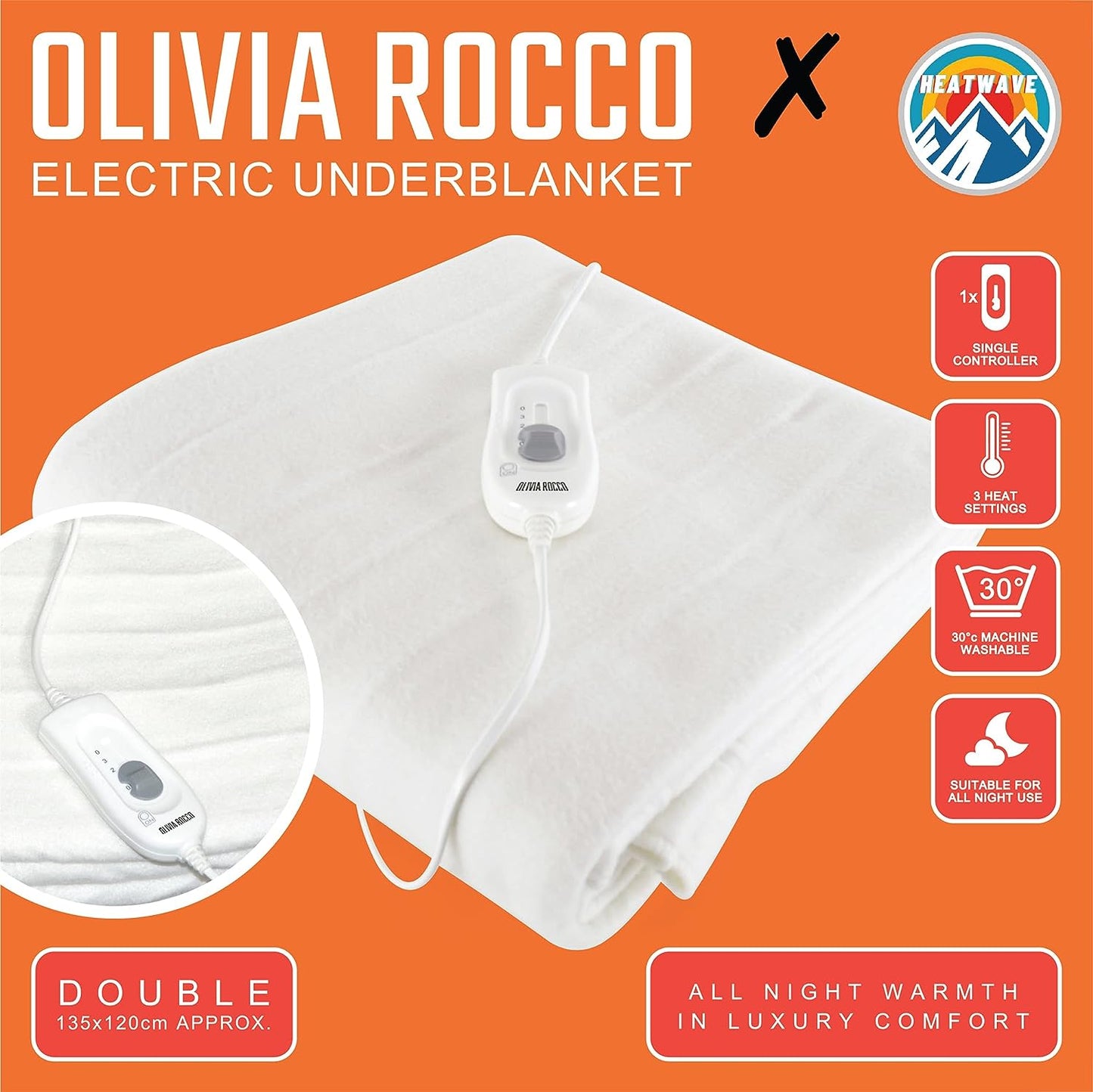 Heatwave Heated Blankets 3 Heat Settings Electric Underblanket Fast Heat Up OLIVIA ROCCO Blankets