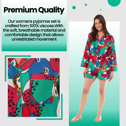 Women's Luxurious Jaguar Jungle Leopard Short Pyjama Set Button Up Loungewear Sleepwear by Daisy Dreamer Soft Breathable Easy Care Fabric Comfortable Stylish Ladies PJ Set for Relaxing Weekends Peaceful Nights Sizes Small Medium Large XLarge Daisy Dreamer Pyjamas