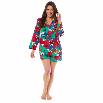 Women's Luxurious Jaguar Jungle Leopard Short Pyjama Set Button Up Loungewear Sleepwear by Daisy Dreamer Soft Breathable Easy Care Fabric Comfortable Stylish Ladies PJ Set for Relaxing Weekends Peaceful Nights Sizes Small Medium Large XLarge DECO JAGUAR / SMALL Daisy Dreamer Pyjamas