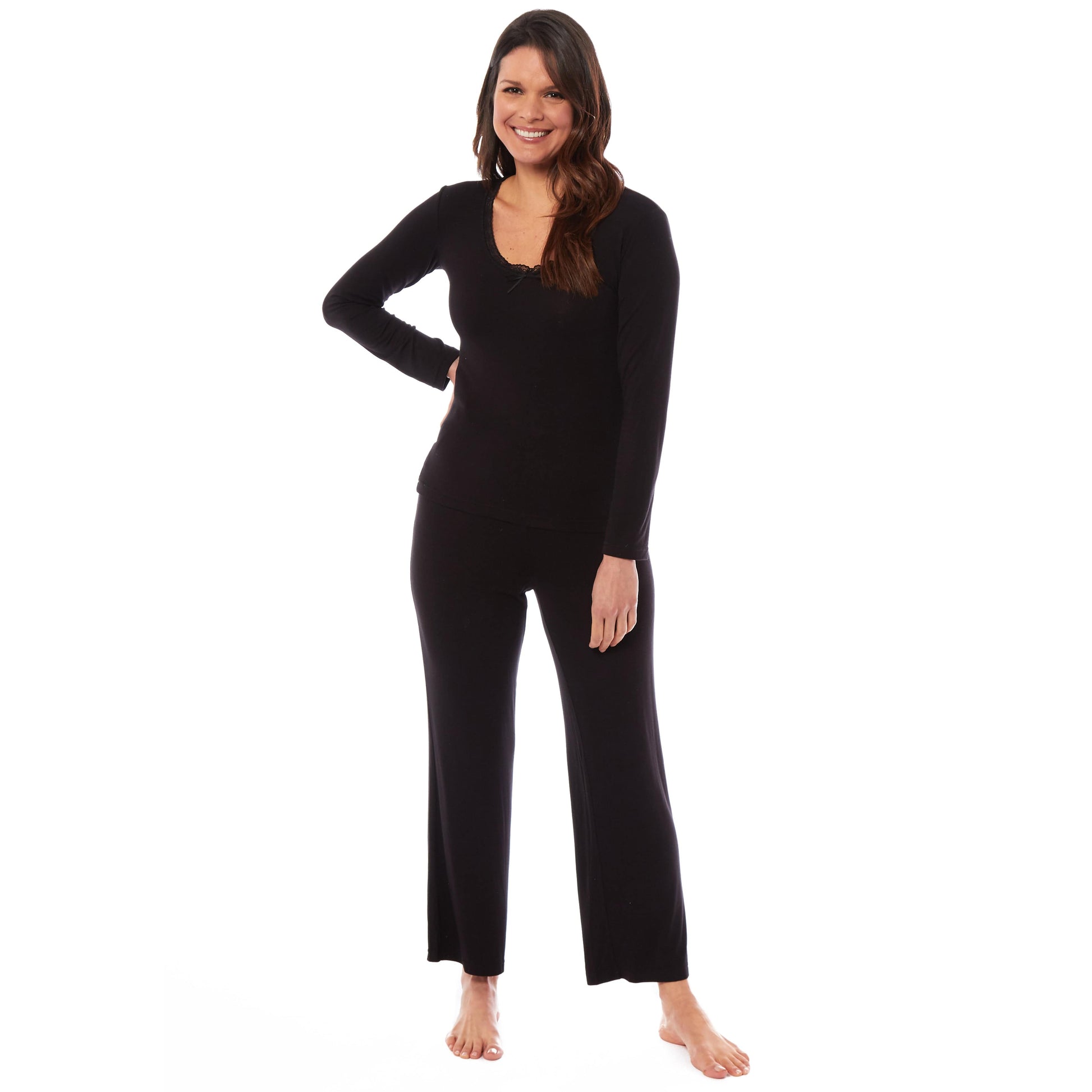 Ladies Long Sleeve Pyjama Set by Daisy Dreamer Ultra Soft Viscose Spandex Loungewear Cozy Women's Black Green Nightwear Perfect for All Seasons Comfortable Stretch Fit PJs Sleepwear Home UK Sizes 8-22 Machine Washable Relaxing Nightwear SMALL | UK 8-10 / BLACK Daisy Dreamer Pyjamas