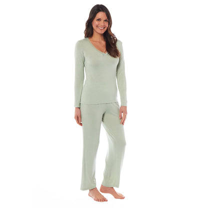 Ladies Long Sleeve Pyjama Set by Daisy Dreamer Ultra Soft Viscose Spandex Loungewear Cozy Women's Black Green Nightwear Perfect for All Seasons Comfortable Stretch Fit PJs Sleepwear Home UK Sizes 8-22 Machine Washable Relaxing Nightwear SMALL | UK 8-10 / SAGE GREEN Daisy Dreamer Pyjamas