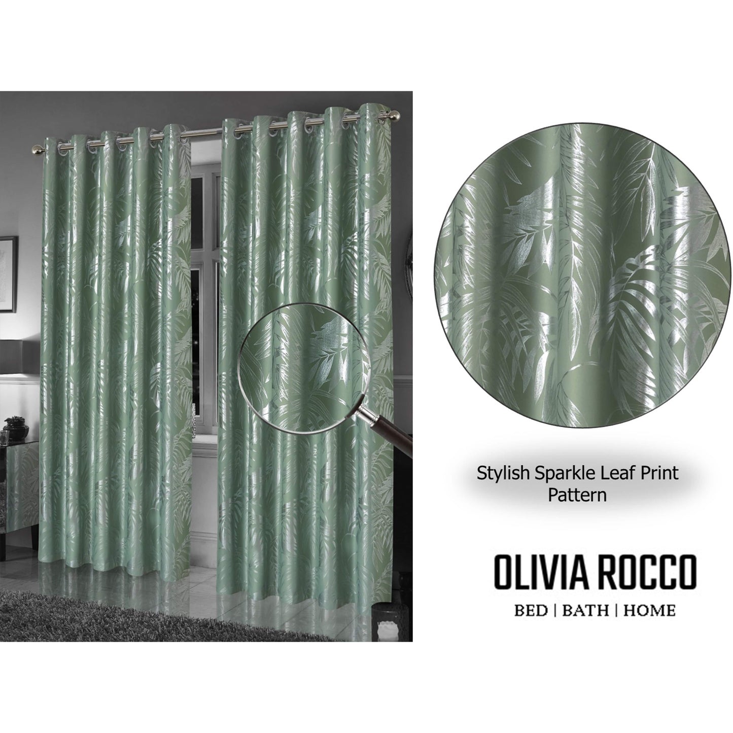 Leaf Sparkle Blackout Curtains Super Soft Thermal Insulated Eyelet Drapes for Living Room & Bedroom 2 Panels(Sage Green) OLIVIA ROCCO Curtain